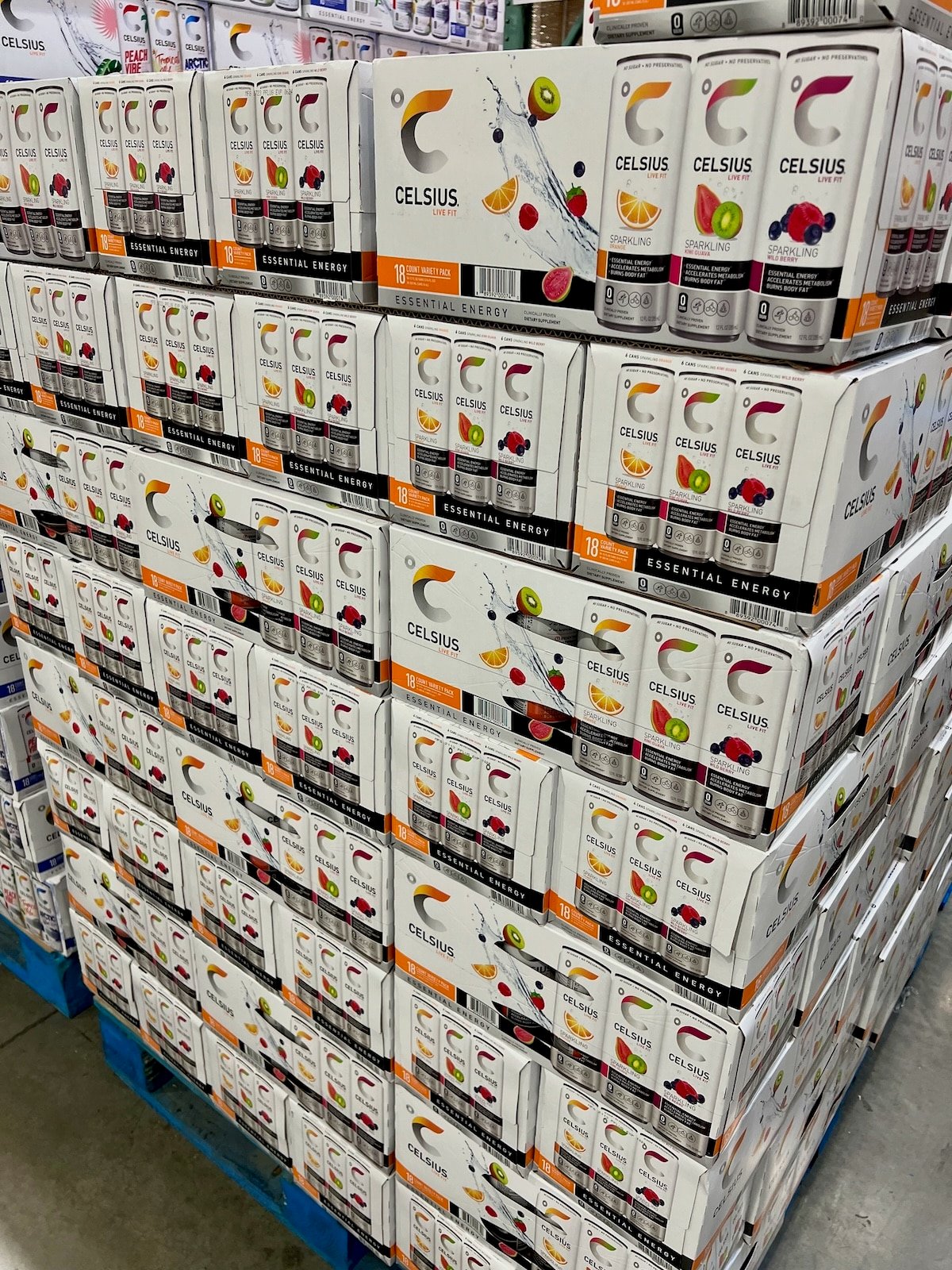 stacks of celsius energy drinks at costco.