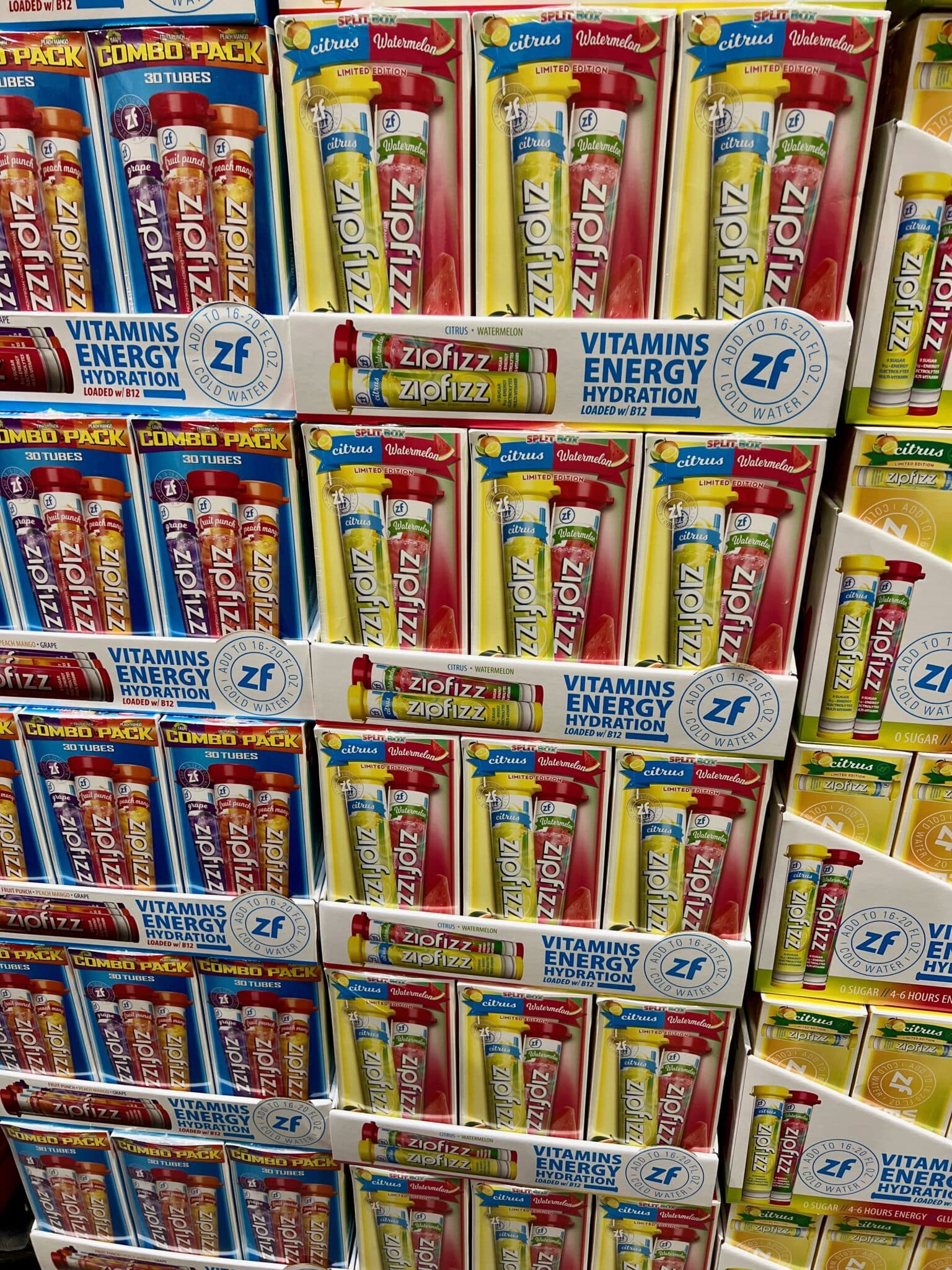 stack of zipfizz at costco store.