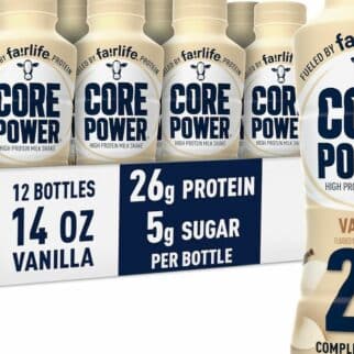 a bottle of Fairlife Core Power Protein drink in front of a box of several other bottles.