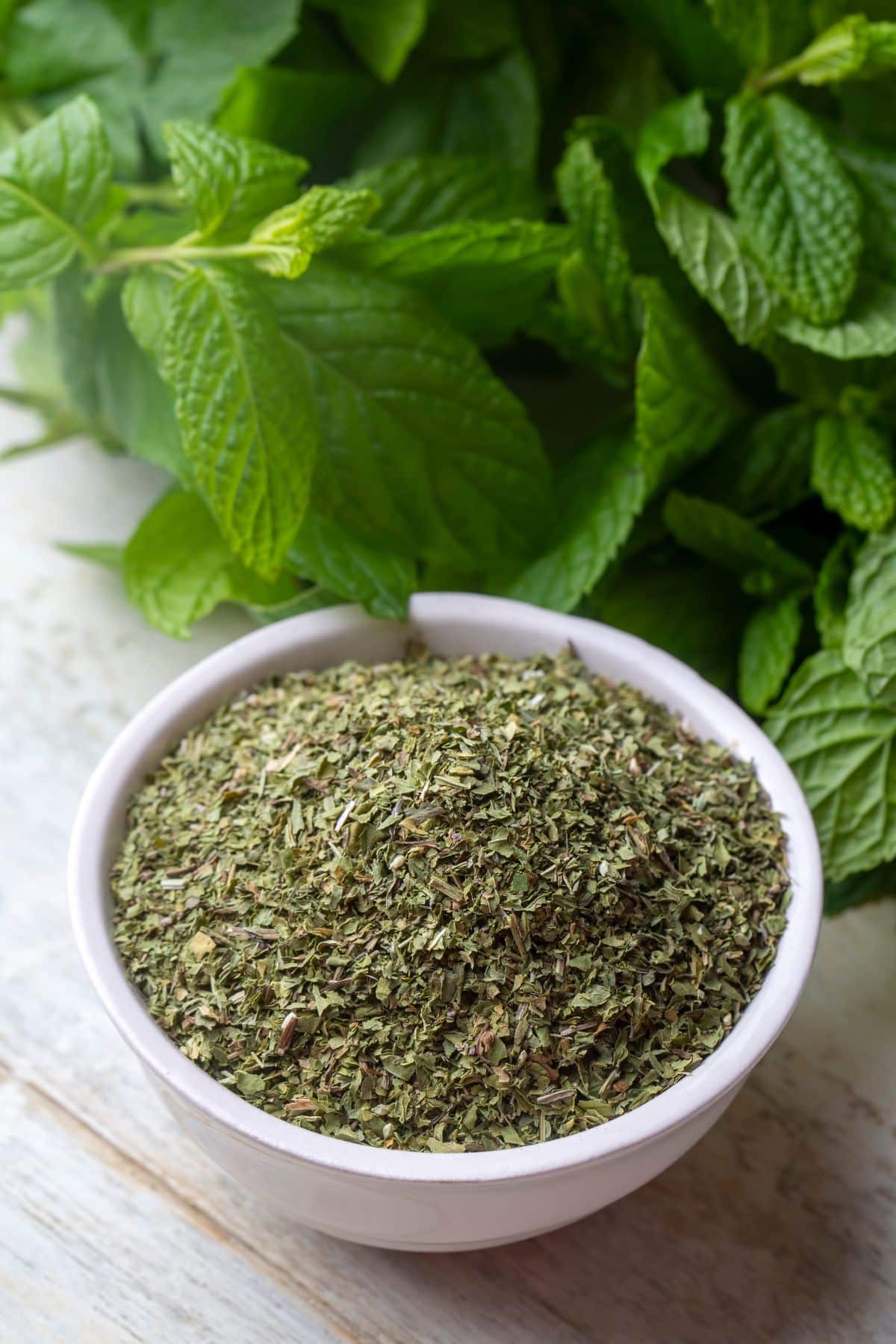 dried mint in bowl.