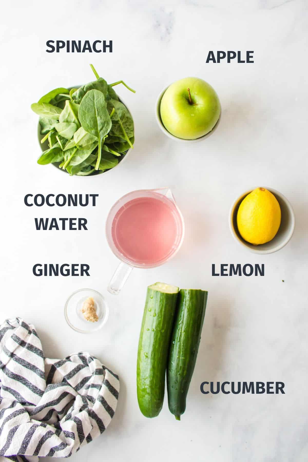 ingredients for making hangover green juice recipe with labels.