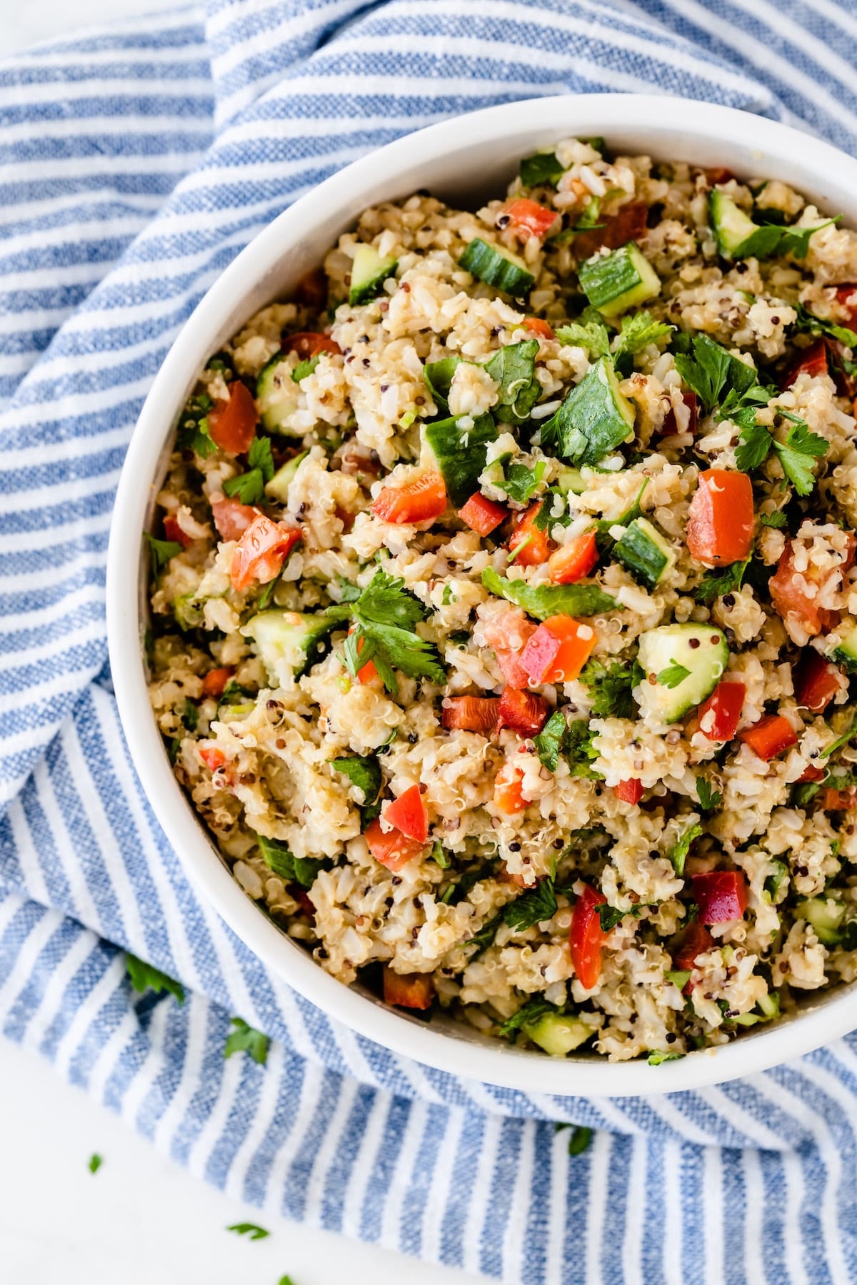 bowl of quinoa salad ready for a party.