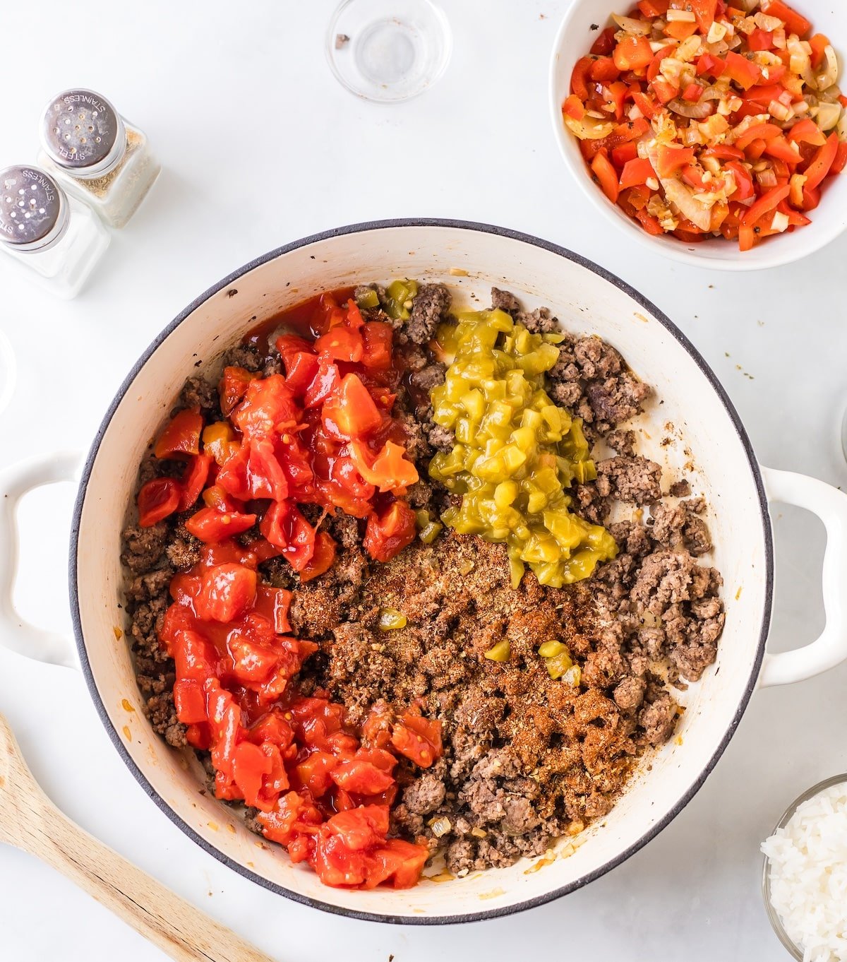 Unstuffed Pepper Skillet process step two with chiles and tomatoes.