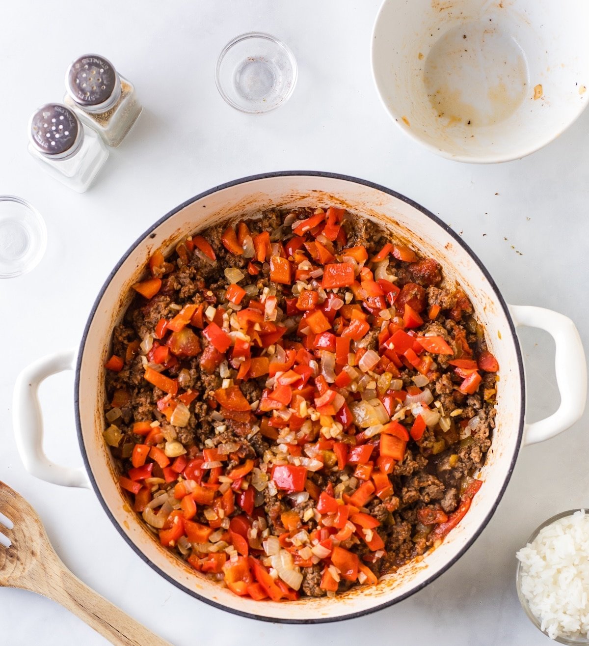 Unstuffed Pepper Skillet process three with everything stirred.