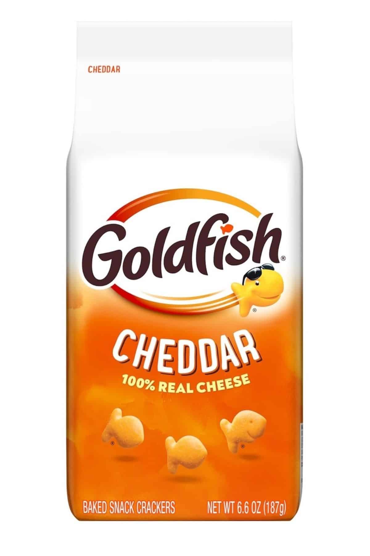 bag of cheddar goldfish crackers.