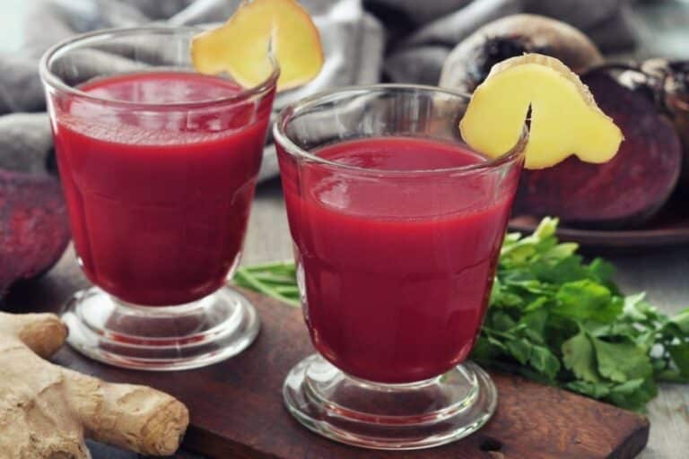 two glasses of beet ginger juice.