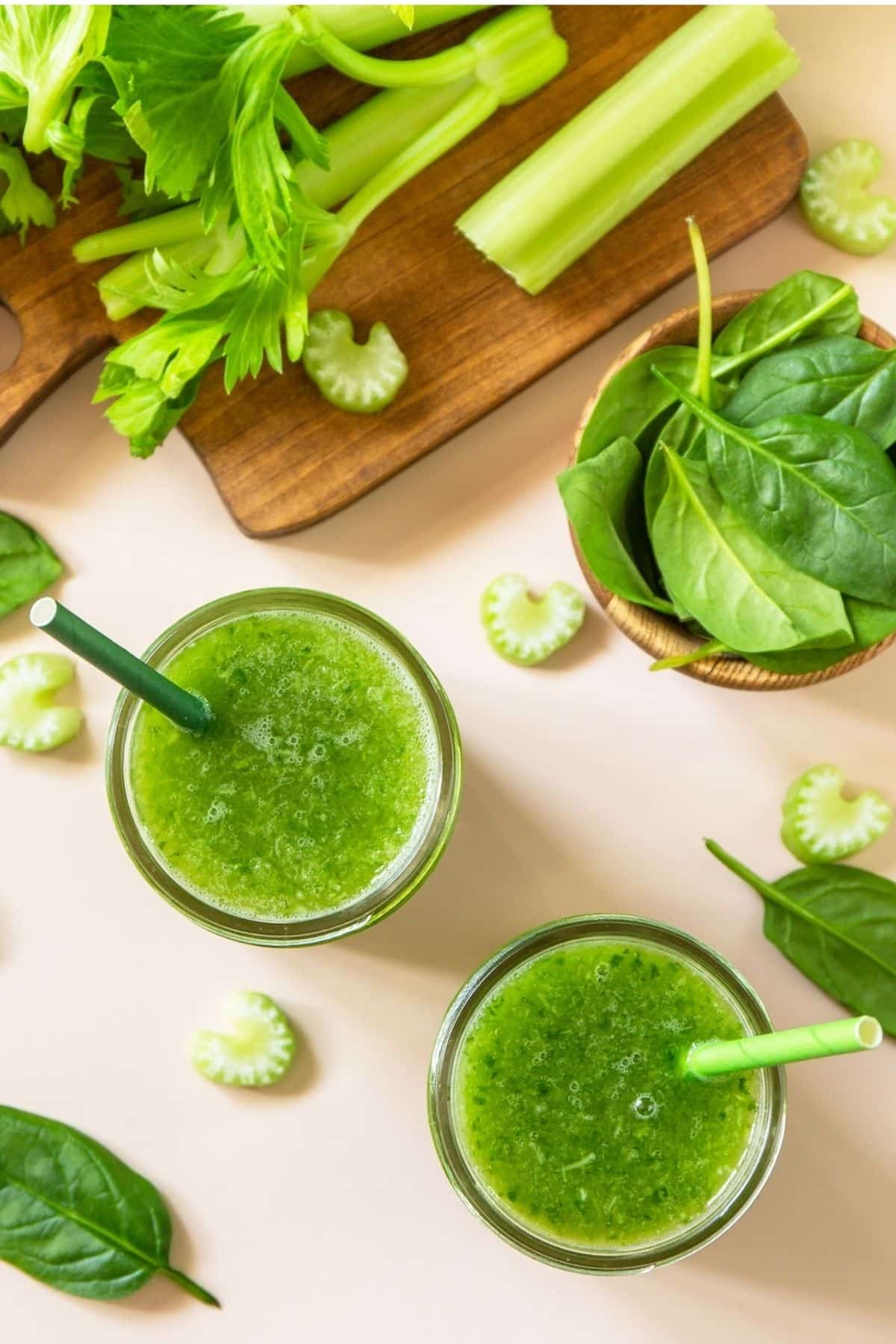 spinach celery juice on table.