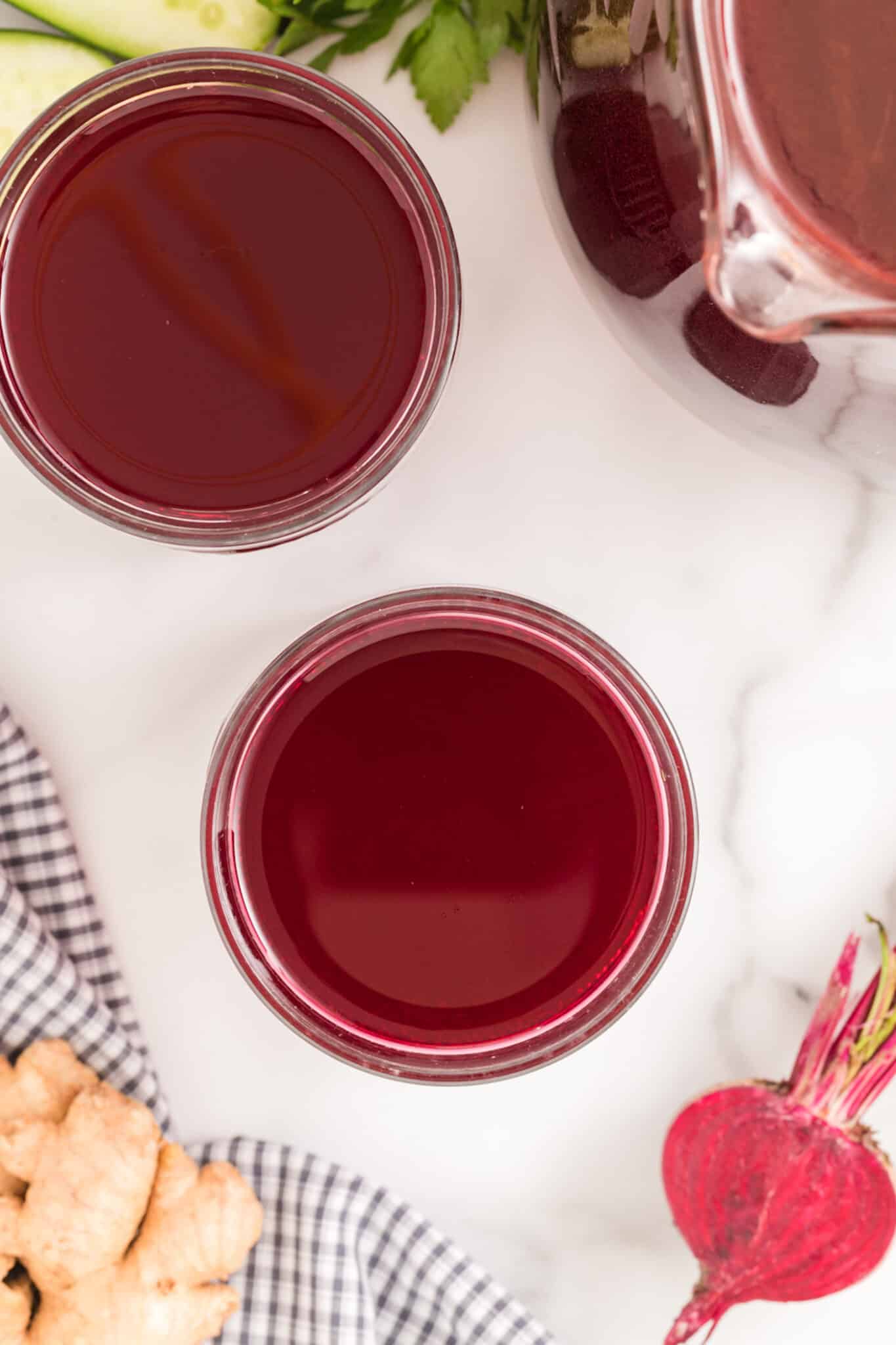 two glasses of beet ginger juice.