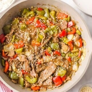 beef and veggies in skillet.